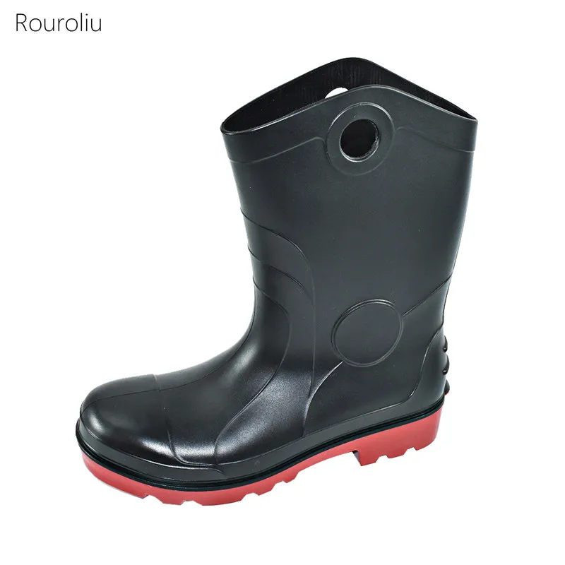 

Men Slip-on Mid-Calf Rain Boots New Platform Non-slip Safety Work Water Boots Outdoor Waterproof Footwear PVC Rainboots