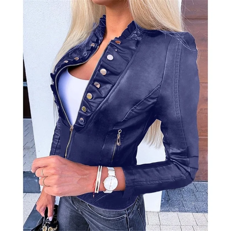 Women Fashion Autumn Jacket Cool Faux Leather Long Sleeve Zipper Fitted Motor Biker Coat Outwear Female Fall Short Jacket New