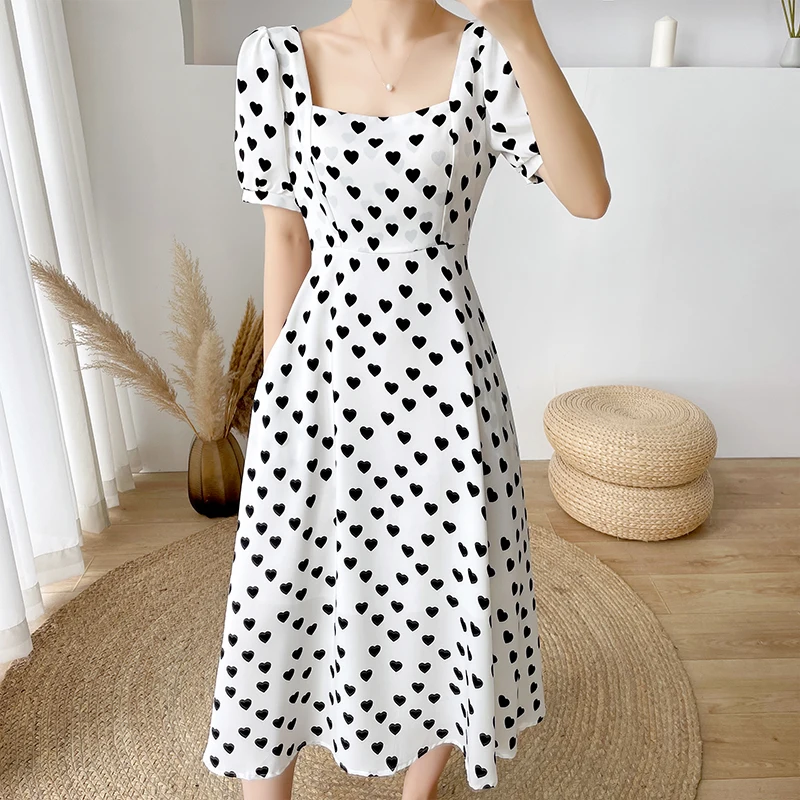 

2021 Women's Summer Heart Printed Dresses High Waisted Thin Square Collar Party Dress Elegant Maxi Vestidos Sundress