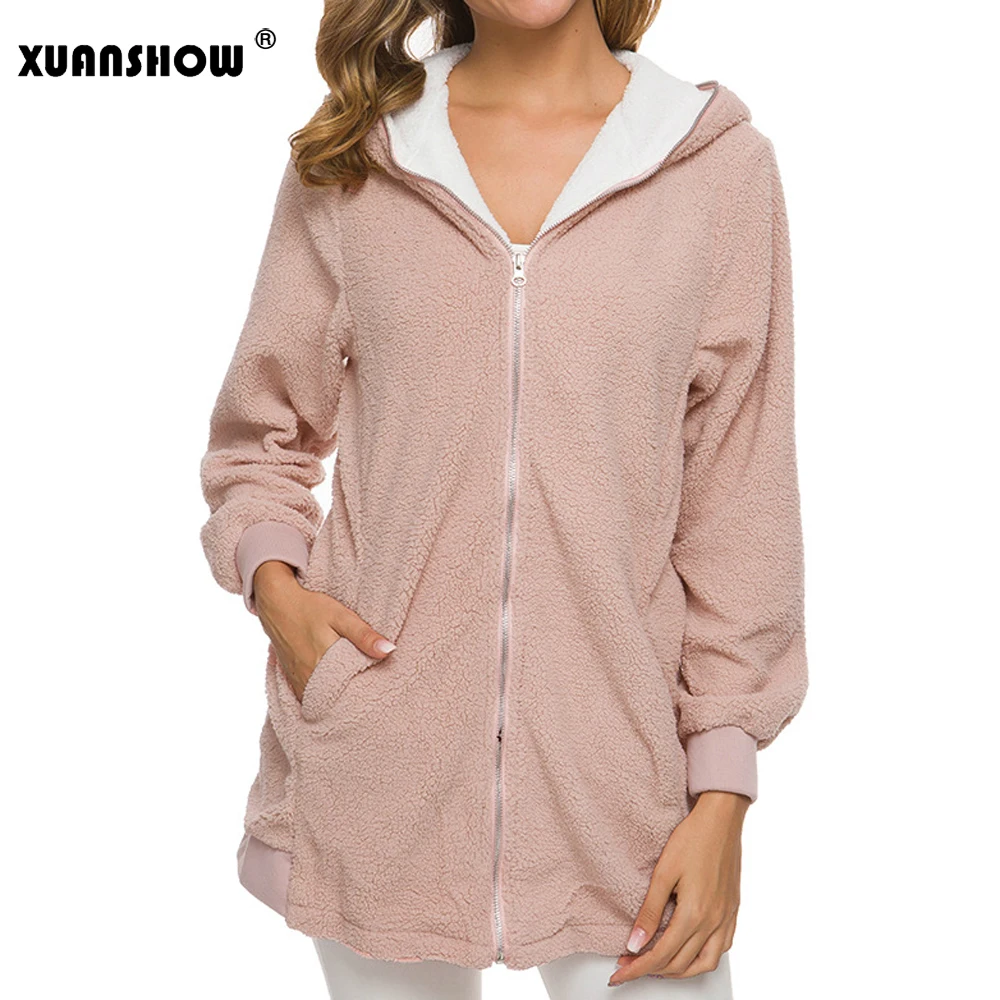 Pink XUANSHOW негабаритный зима Долго Искусственный мех Женские пальто Стройное Длинный рукав Держать в тепле плюш Флокирование Женские куртки С капюшоном 5XL - Цвет: Pink