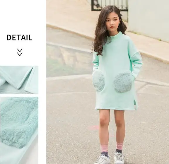 

Cultiseed Girls Autumn Wintern Solid Thicken Warm Hoodies Dress Big Children Girls Cute Plush Pocket Long Sleeve Casual Dresses