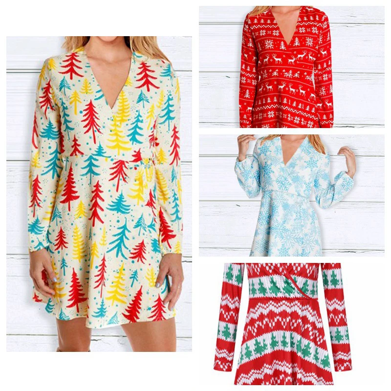 

New Christmas Sexy V-neck Long Sleeve High Waist Dress Dress New Year Autumn Winter Dress