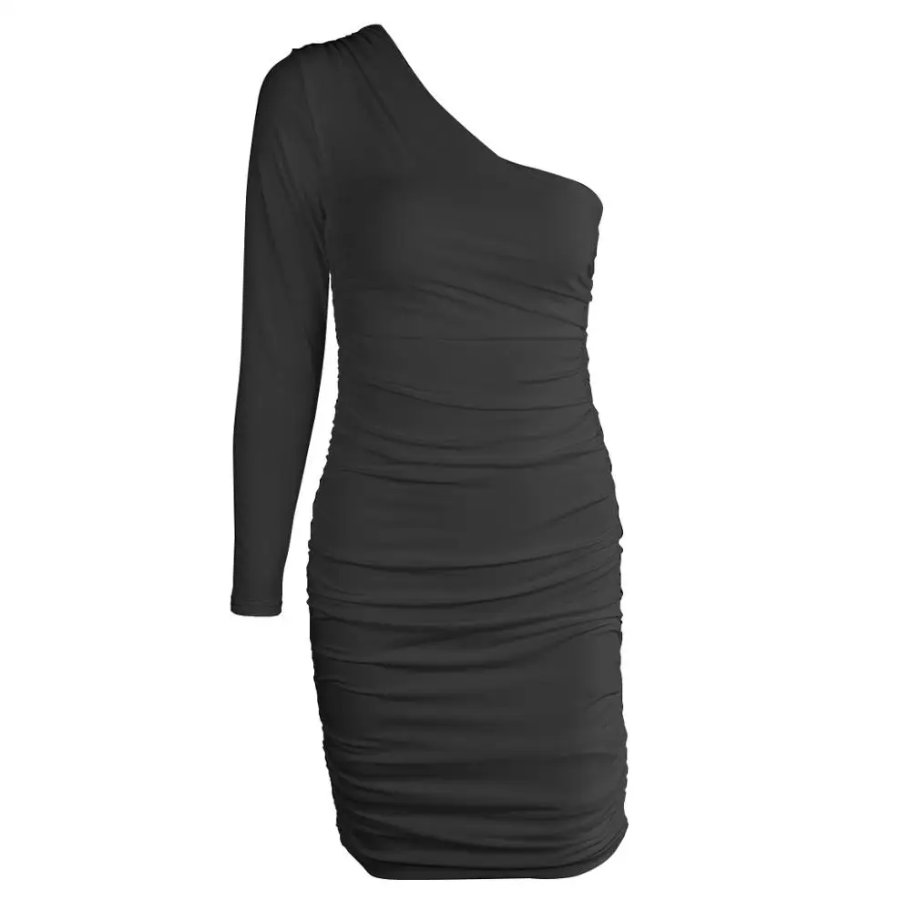 

Neatie kiddie Sexy Party Night One Shoulder Asymmetric Folds Dress for Women Long Sleeve Summer Mini Vestidos