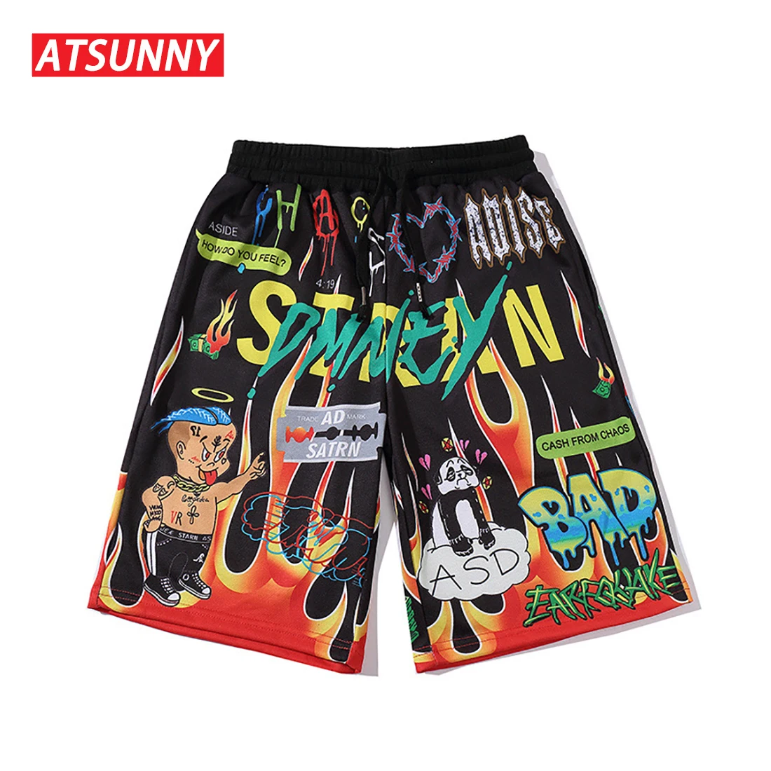 

ATSUNNY Cartoon Print Pants Pocket Casual Streetwear Harajuku Sweatpants Male Hip Hop Trousers