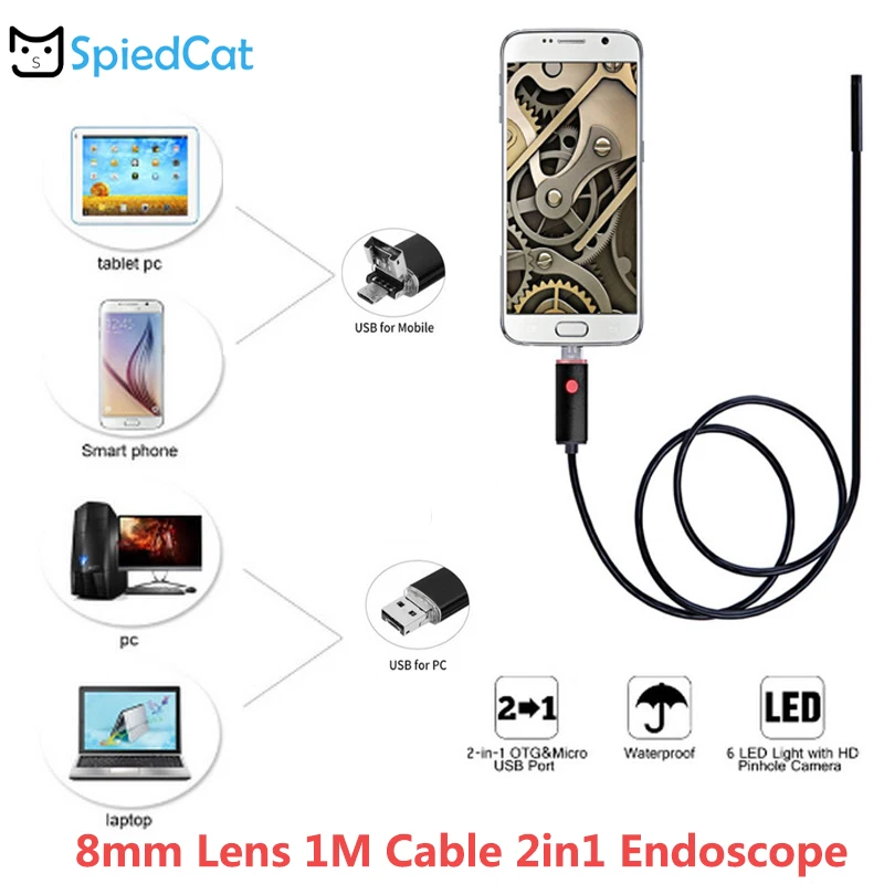 Мини 8 мм 6LED объектив 2в1 Micro/USB 2 м мягкий кабельный эндоскоп камера змеиная