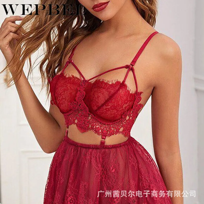 

WEPBEL Spaghetti Strap Bra + Short Skirt Sleeping Wear Women Fashion Lace Pajamas Set Lingerie Nightwear