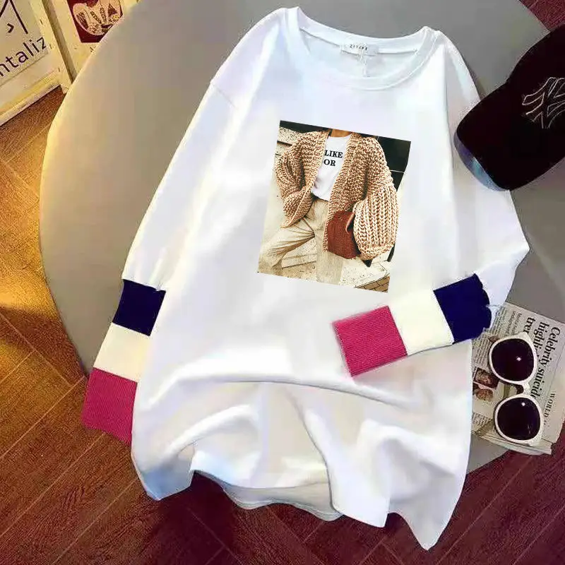 

Fake two white Long Sleeve T-Shirt women's 2021 new fashion loose middle and long student's top with bottom coat