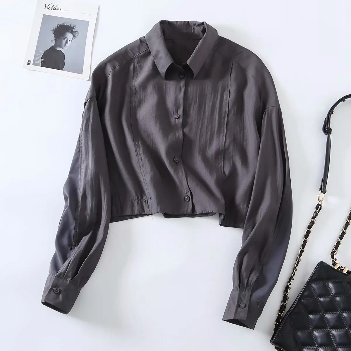 

2021 Women Fashion Solid Single Breasted Cropped Shirt Long Sleeves Lapel Neck Vintage Female Blouse Chic Tops haut femme
