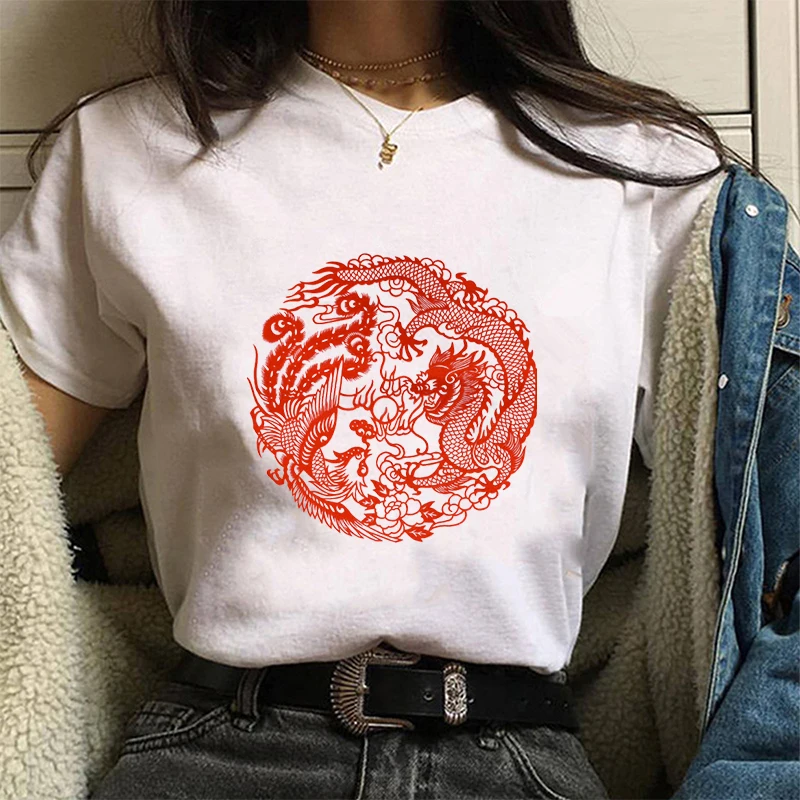 

2021 new Vintage Style aesthetic Chinese Dragon Print Women's T-shirt Summer New Fashion Tee Harajuku Loose Tee Femme Tops