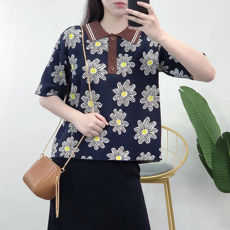 

Женский жаккардовый свитер с цветочным принтом, тонкий трикотажный пуловер с отворотом и коротким рукавом, в стиле ретро, на лето