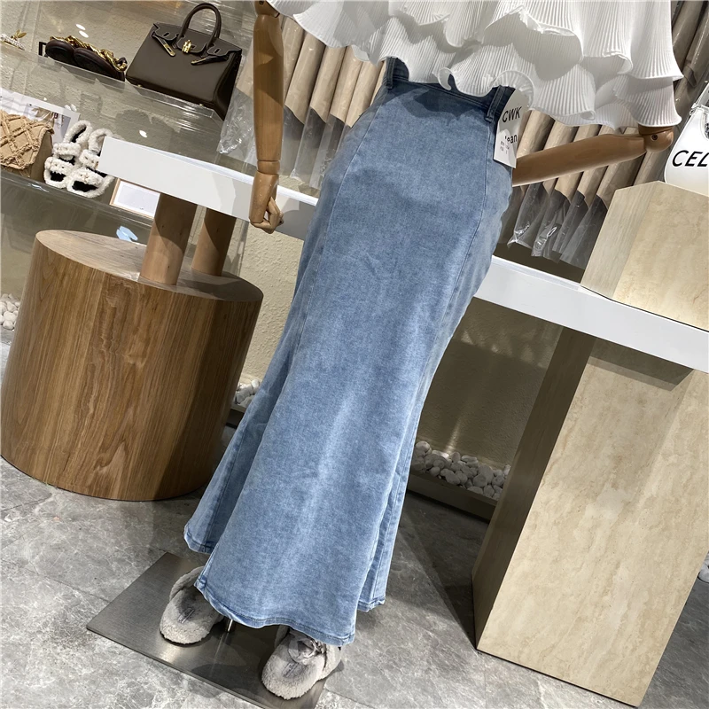 

Retro High Waist Denim Skirt Women's Hip Slimming A Line Skirt for Women Split Skirt Pleated Long Denim Skirt Female Skirts