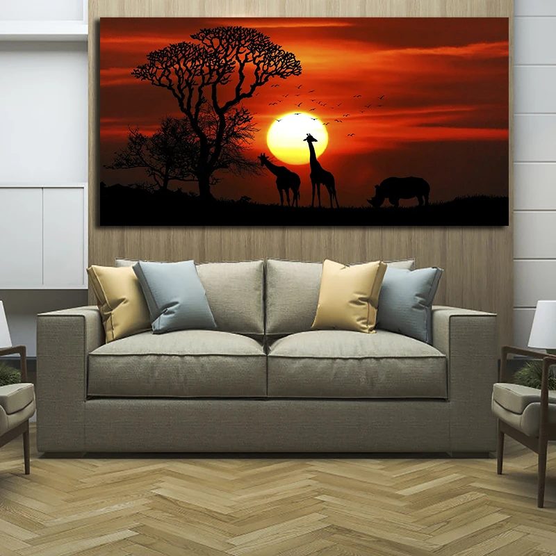 OUCAG Жирафы Картина на холсте закат диких животных природный пейзаж плакаты и