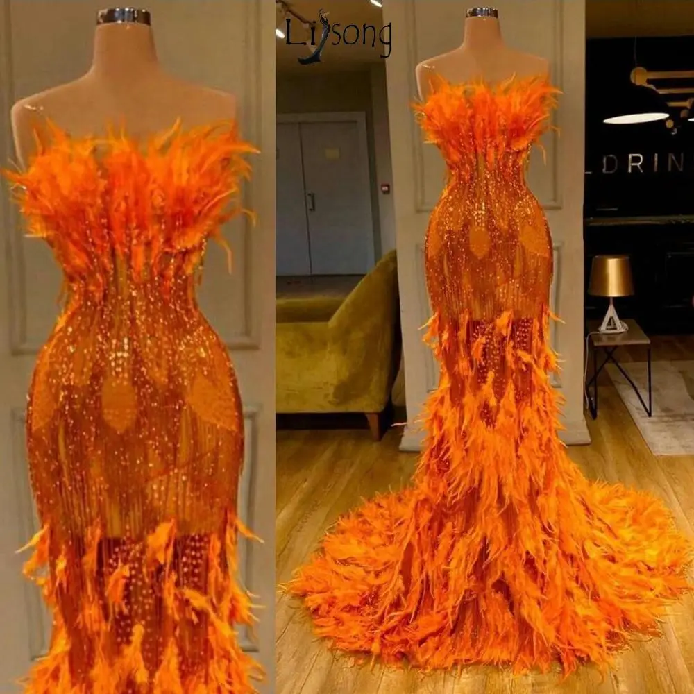 Luxus Federn Orange Meerjungfrau Prom Kleider 2021 Lange Sparkly Liebsten Abendkleid Chic Pelz Kleid robe de soirée de mariage