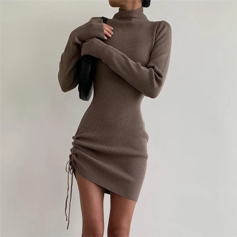 

Women's dress turtleneck 2021 knit dress female bodycon ruched mini long sleeve brown sexy elegant Pack hip white party dresses