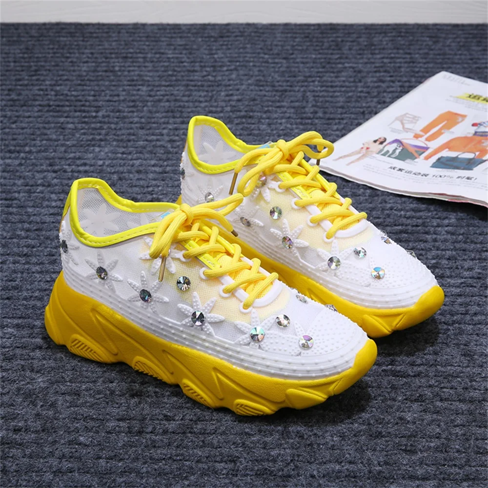 

New Vulcanized Shoes Women 2021 Summer Mesh Ladies Rhinestone Lace Up Trendy Sneakers Running Walking Sport Flower Casual Shoes