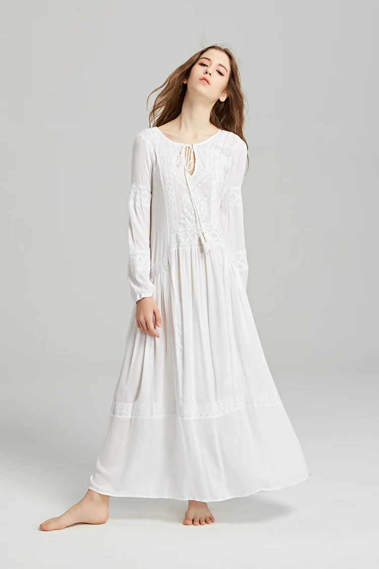 

Long sleeve maxi dresses women tunic cover up red floral embroidery v neck tassel long dress Casual loose boho vestidos