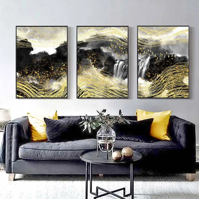 Золотая линия Черная гора водопад туманный лансккейд холст живопись Постер и