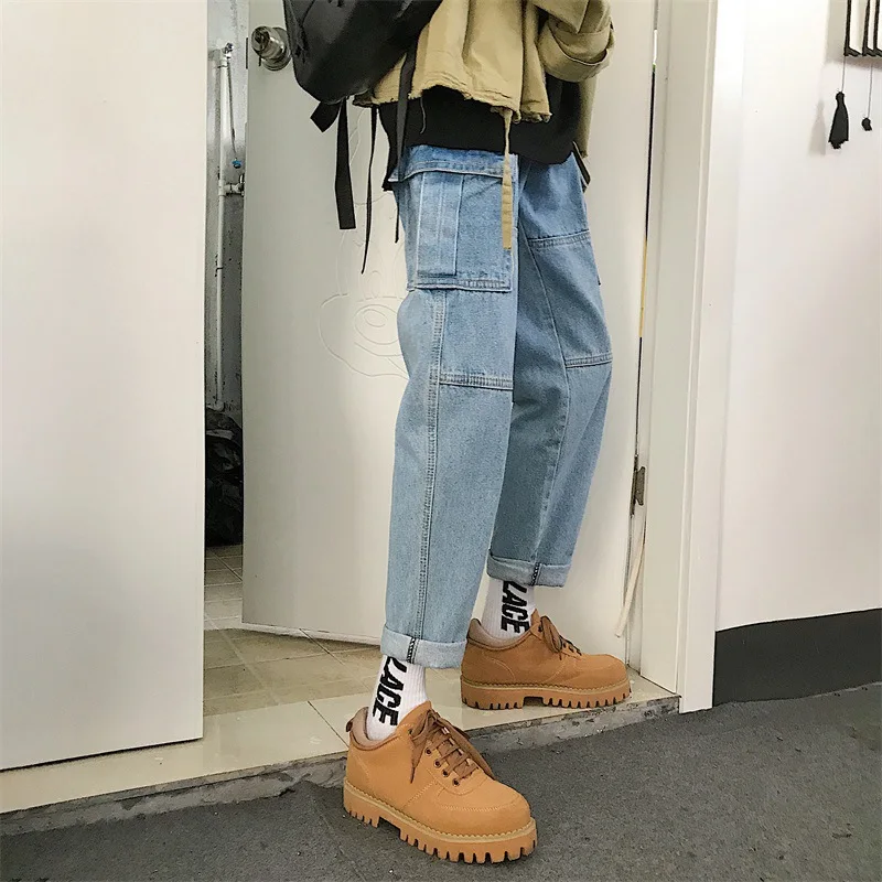 

Workwear jeans men's loose straight-leg slim-fit Korean style trendy Hong Kong style pants boys wide-legged casual harem jeans