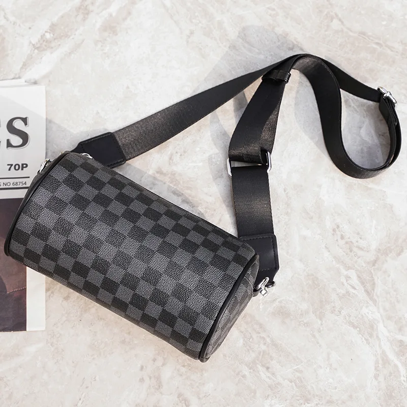

Famous Brand Designer Crossbody Bags Plaid Leather Men Travel Sling Barrel-shaped Bag Student Shoulder Cylinder Bag Trend 2021