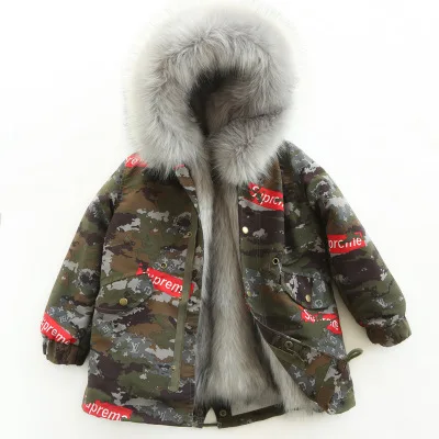 Camo Green Grey Пальто с мехом для девочек; куртка с искусственным лисьим мехом; зимняя детская одежда; камуфляжная верхняя одежда для мальчиков и девочек; детское меховое пальто; TZ155 - Цвет: Camo Green Grey
