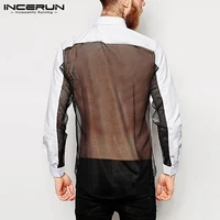 incerun men shirt mesh patchwork back transparent lapel long sleeve blouse streetwear fashion party nightclub sexy shirts hombre