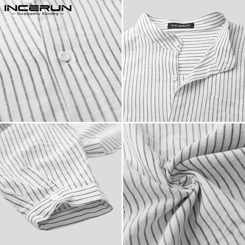 

INCERUN Men Striped Shirt 3/4 Sleeve Stand Collar Cotton Casual Brand Shirts Harajuku 2021 Streetwear Chic Camisa Masculina 7