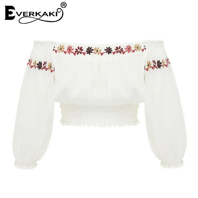Everkaki Boho Цветочная женская блузка с вышивкой короткие топы открытыми плечами на