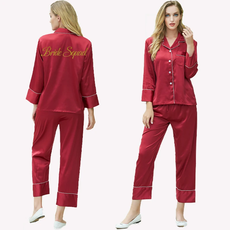 silk stain solid long pajama stets pajamas for women long sleeve sleepwear top grade home wear womens two piece burgundy pijamas