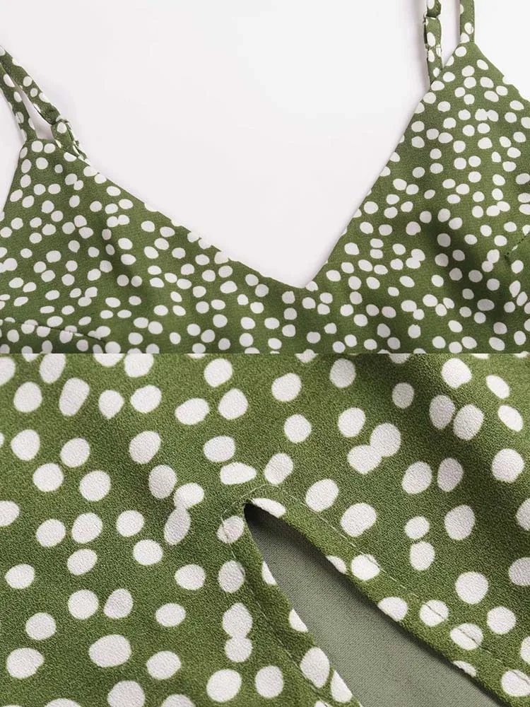 

yinlinhe Polka Dot Dress Women Backless Sexy Summer Dress Split V Neck Strap Green Mini Dresses Beach Wear French Style 2021 977