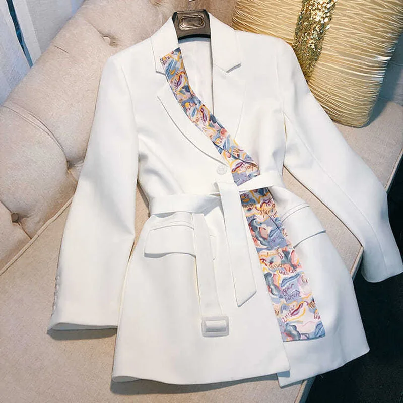 

Patchwork Silk Scarf Design White Blazer Women Spring Office Ladies Suit Jacket Vintage High-Quality Slim Waist Lace-Up Coats