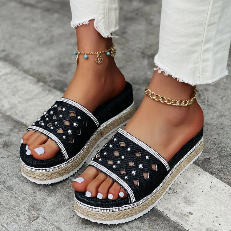 

Women's Sandals 2021 Summer Fashion Denim Open Toe Slippers New Rhinestone Thick Bottom Increased Beach Shoes Zapatos De Mujer