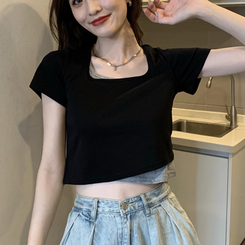 

LJSXLS Women Cotton Short T-shirt Fake Two-Piece Patchwork Square Collar Short Sleeve T-shirts Summer Women's Clothings Tops