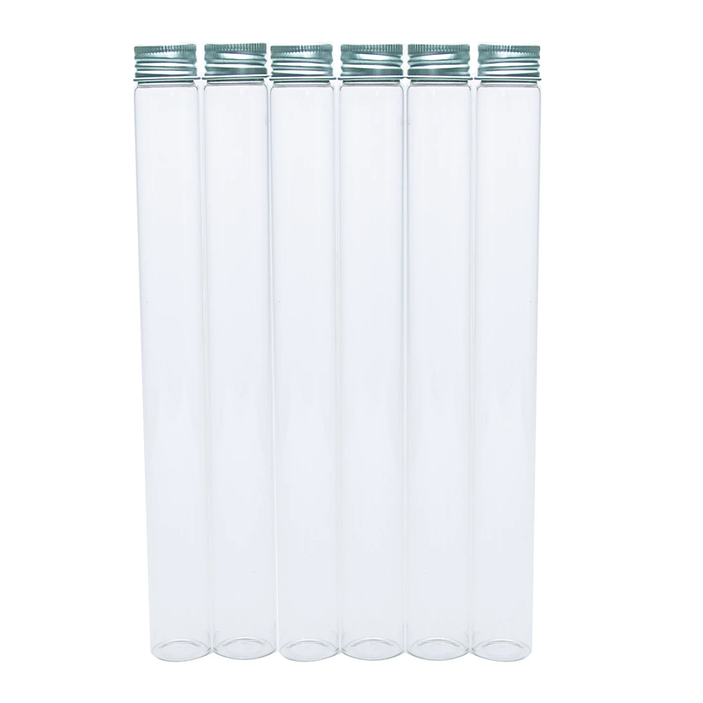 Botellas de vidrio vacías de Base plana, 25x230mm, con tapa de rosca, cubierta de aluminio, frascos de vidrio largos, soporte de florero de 90CC, 6 uds.