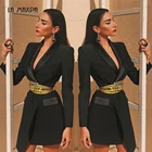 Женский пиджак с V-образным вырезом, черное модельное платье мини с поясом и длинным рукавом, лето 2020