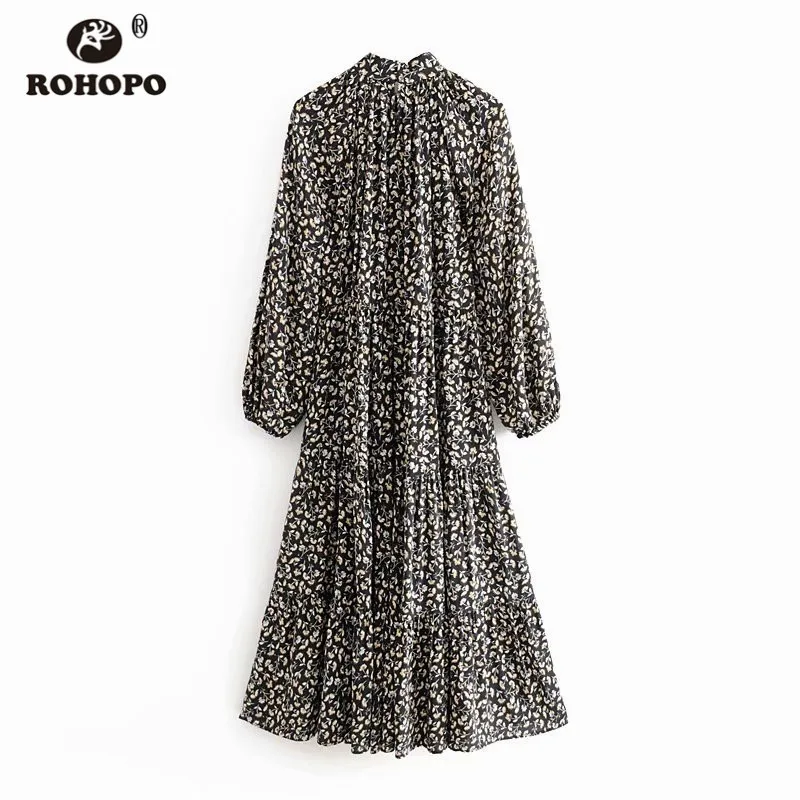 ROHOPO/платье средней длины с высоким воротником и принтом рукав три четверти на