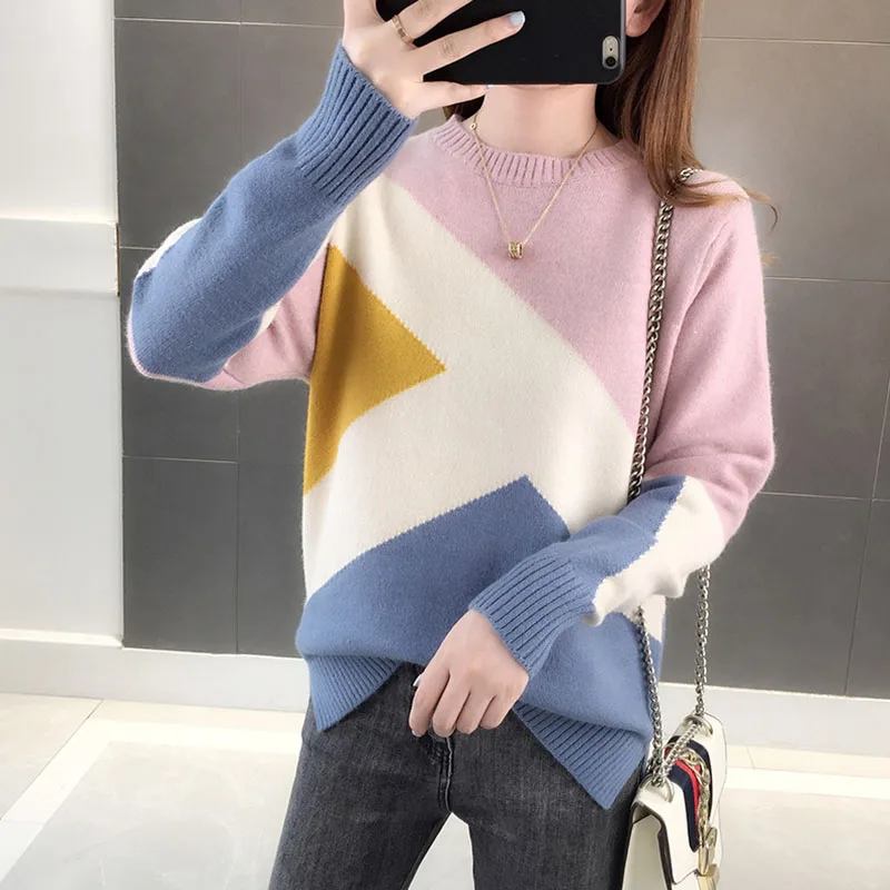 Вязаный женский зимний свитер с длинным рукавом и круглым вырезом Женский