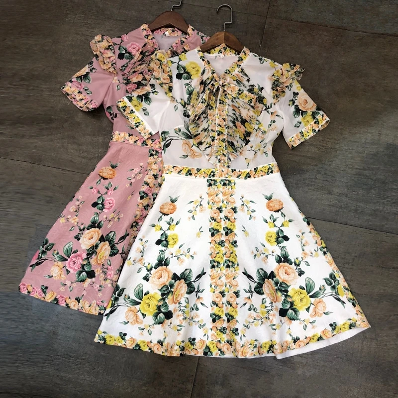 

Spring Summer Bow Lace Up A-Line Dress Ladies Casual Flower Printing High Quality Ruffles Short Sleeve Dresses Female Clothes