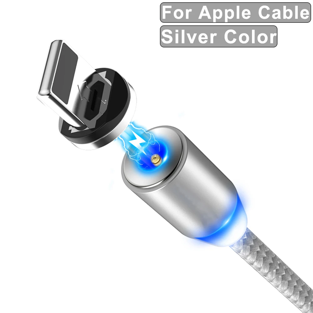 Silver For iPhone Jetjoy 360 ° Вращающийся Круглый Сильный магнитный светодиодный кабель Micro USB type C для быстрой зарядки нейлоновый Плетеный зарядный кабель для Android iPhone huawei - Цвет: Silver For iPhone