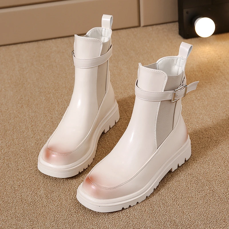 

Beige Chelsea Boots Women 2021 Fashion Ladies Boots Platform Black Ankle Boots For Women Female Buckle Punk Gothic Shoes