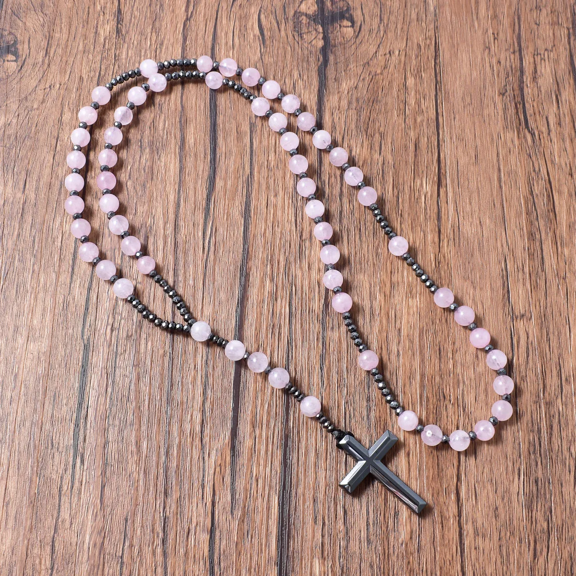 Natural Rose Quartz Hematite Cross Pendant Stone Protection Catholic Gifts Christian Jewelry Religious Rosary Meditation Mala