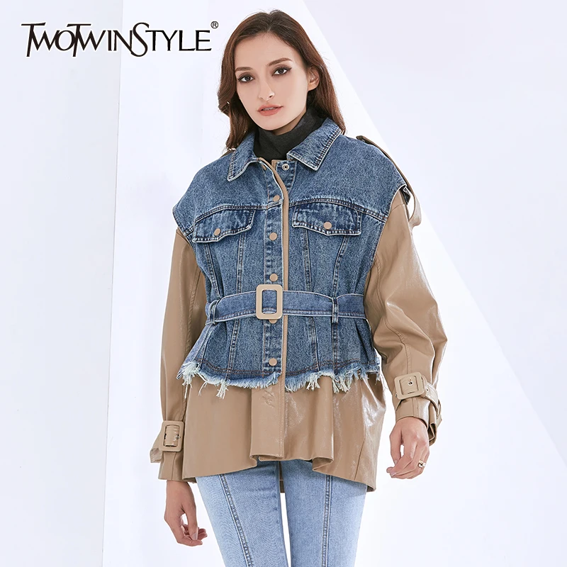 

TWOTWINSTYLE Patchwork PU Jackets For Women Lapel Long Sleeve Loose Hit Color Sashes Casual Denim Coats Female 2020 Autumn Tide