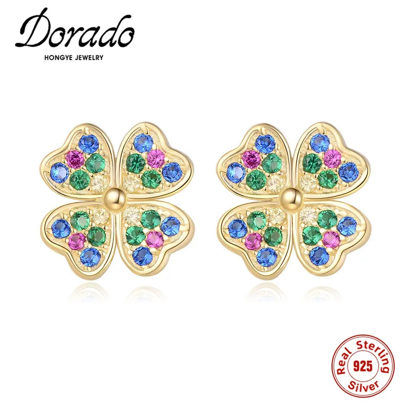 

Dorado Cute Stud Earrings For Women 925 Sterling Silver Four-leaf Clover Colorful Zircon Trendy Luxury Brincos 2021 High Quality