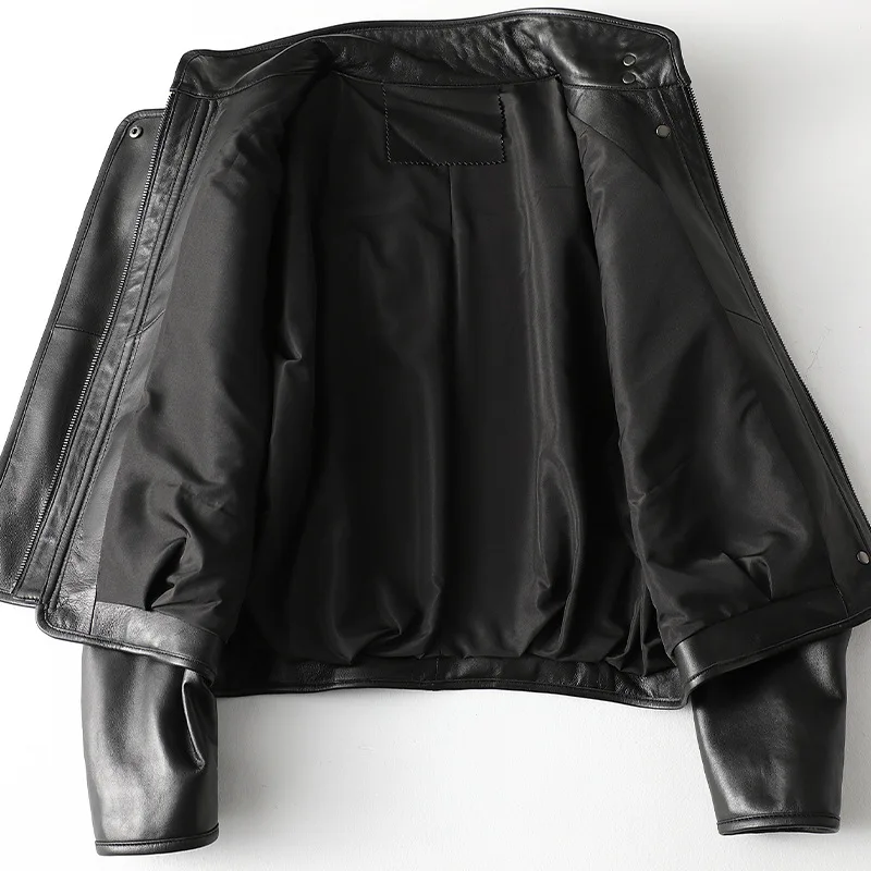 Women's Stand Collar Black High Quality Sheepskin Jacket Loose Medium Length Spring 2021 New Real Leather Coat with Pockets