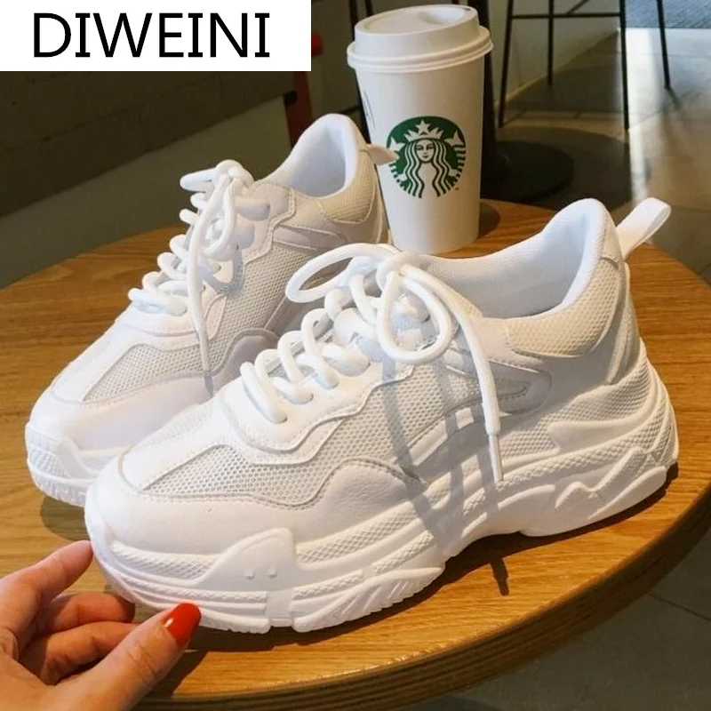 

Spring Women Shoes 2021 New Fashion Platform Women's Vulcanized Shoes Lace-up Breathable Mesh Casual Sneakers White dad Shoes