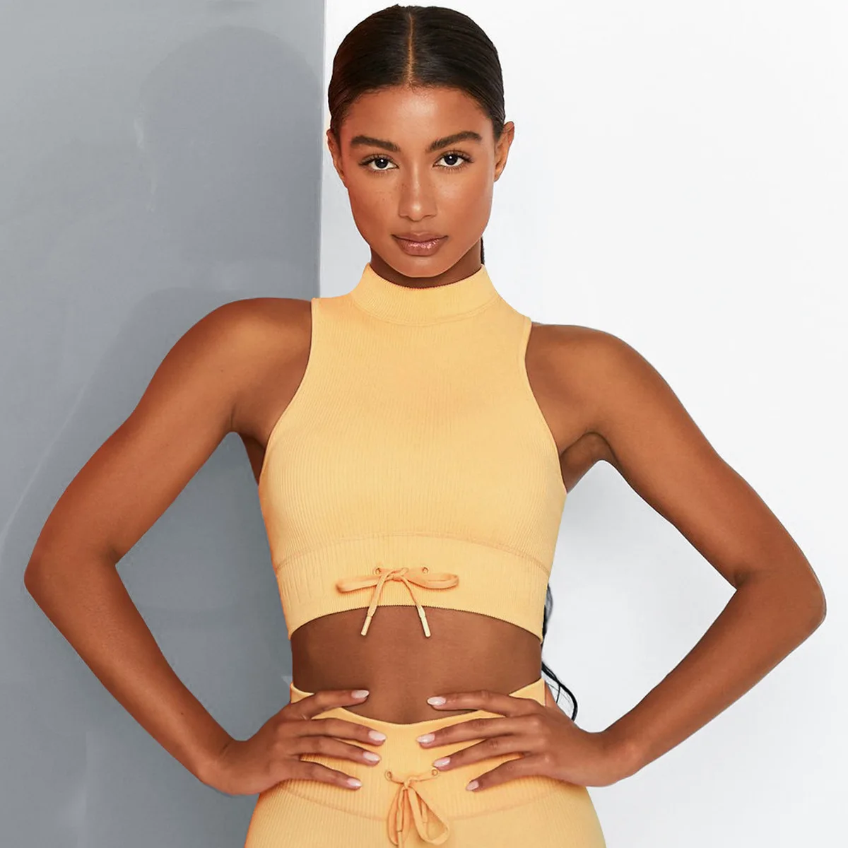 

Sport Bra Striped Turtleneck Vest Seamless Solid Color Gathered Shrink Band Yoga Underwear Fitness Harness Female Modeling Strap