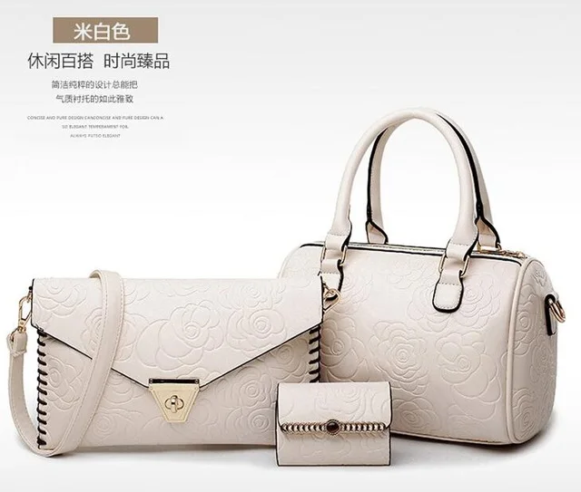 White Горячая Распродажа, 3 штуки, женские сумки, наборы, кошельки и сумочки, кожа, цветы, тиснение, модные сумки через плечо - Цвет: White