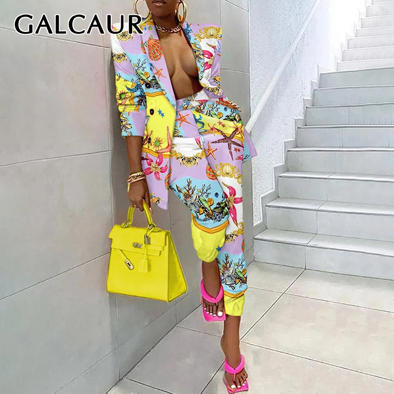 GALCAUR-Conjunto de dos piezas Sexy de leopardo para mujer, chaqueta de manga larga con muescas, pantalones de cintura elástica, traje de bloque de color 2021