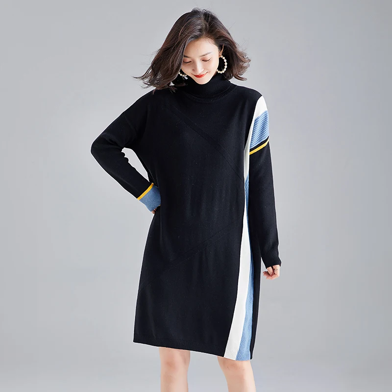 Осенне-зимнее женское кашемировое платье с высоким воротником платье-пуловер