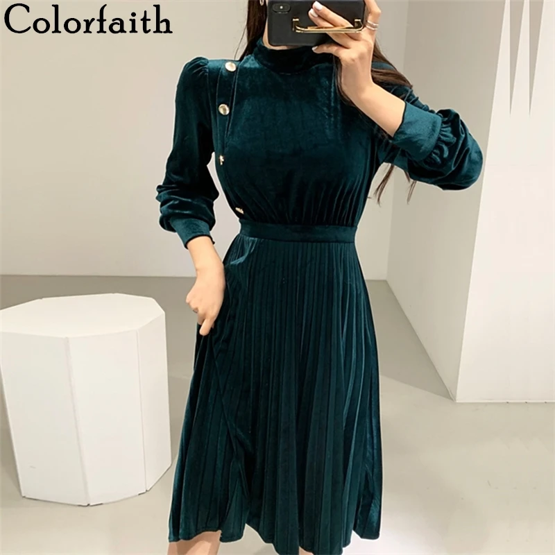 Colorfaith новинка 2019 осенне зимние женские платья на пуговицах модные повседневные