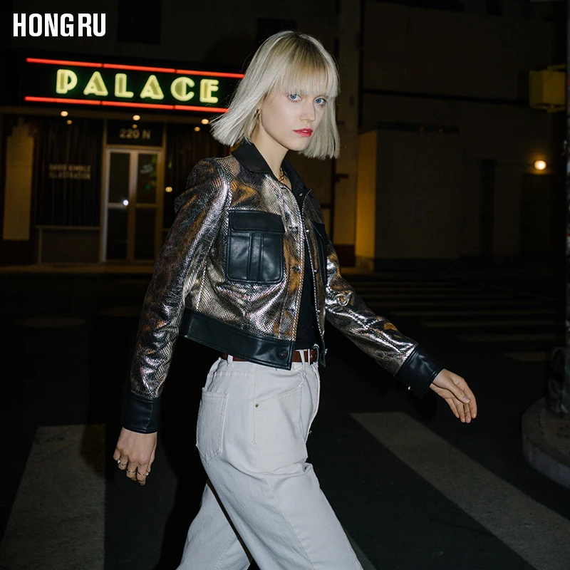 Весенняя кожаная куртка в стиле локомотива женская короткая Серебристая уличная